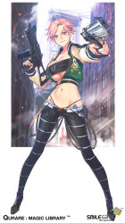 Rule 34 | &gt;:), 1girl, bandeau, blush, breasts, brown panties, closed mouth, cropped jacket, gun, handgun, hip focus, holding, holding gun, holding weapon, jacket, large breasts, legs apart, long sleeves, looking at viewer, navel, official art, panties, pants, pink hair, popqn, purple eyes, qurare magic library, revolver, short hair, smile, solo, standing, submachine gun, sukajan, suspenders, tight clothes, tight pants, underwear, v-shaped eyebrows, very short hair, weapon