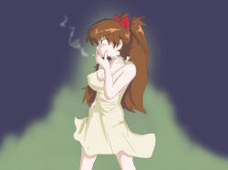 Rule 34 | 1girl, alternate breast size, bare shoulders, blue eyes, breasts, brown hair, cigarette, cleavage, dress, expressionless, fukutoad, highres, holding, holding cigarette, large breasts, long hair, medium breasts, neon genesis evangelion, simple background, smoke, smoking, solo, souryuu asuka langley, sundress, tsundere, very long hair, yellow dress