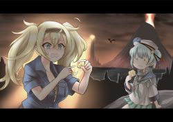 Rule 34 | 0 0, 2girls, absurdres, alternate universe, backlighting, blonde hair, blouse, blue hair, blue shirt, commentary, crossover, dark sky, double bun, eating, gambier bay (kancolle), hair bun, hair ornament, hat, highres, jewelry, kantai collection, letterboxed, miniskirt, multiple girls, outdoors, parody, ring, samuel b. roberts (kancolle), shaded face, shirt, skirt, suke (share koube), the lord of the rings, tolkien&#039;s legendarium, tolkien's legendarium, tower, twintails, volcano, wavy mouth