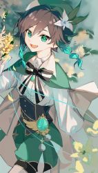 Rule 34 | 1boy, androgynous, aqua eyes, aqua hair, beret, black hair, black neckwear, braid, brooch, cape, collared cape, corset, flower, genshin impact, gradient hair, green cape, green hat, green shorts, hair flower, hair ornament, hat, highres, holding, holding flower, jewelry, juliet sleeves, long sleeves, male focus, multicolored hair, open mouth, puffy sleeves, shirt, short hair with long locks, shorts, smile, solo, tongzhiz, twin braids, venti (genshin impact), white flower, white shirt, yellow flower