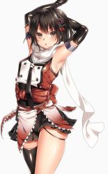 Rule 34 | 10s, 1girl, armpits, arms up, black gloves, black hair, black neckerchief, brown eyes, elbow gloves, gloves, hair ornament, highres, kantai collection, keita (tundereyuina), looking at viewer, neckerchief, scarf, sendai (kancolle), sendai kai ni (kancolle), shiny clothes, simple background, single thighhigh, solo, thighhighs, white background, white scarf
