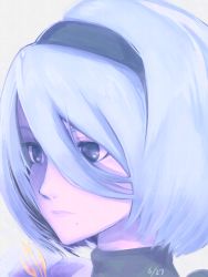 Rule 34 | 1girl, black dress, black hairband, blue eyes, commentary request, dated, dress, eyelashes, hair between eyes, hairband, highres, juliet sleeves, kinpun (fgxdw447), long sleeves, looking away, mole, mole under mouth, nier:automata, nier (series), no blindfold, portrait, puffy sleeves, short hair, silver hair, simple background, solo, turtleneck, white background, 2b (nier:automata)