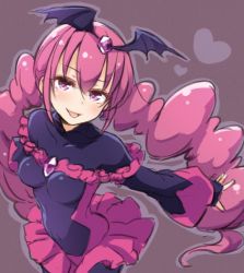 Rule 34 | 10s, 1girl, bad end happy, bad end precure, bat wings, black bodysuit, bodysuit, breasts, dark persona, frilled skirt, frills, hair ornament, long hair, low twintails, one-hour drawing challenge, open mouth, pink eyes, pink hair, precure, purple eyes, skirt, small breasts, smile, smile precure!, solo, standing, tiara, tight clothes, tokunou shoutarou, twintails, wings