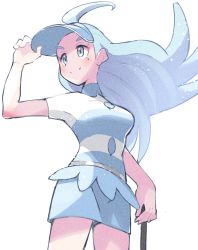Rule 34 | 1girl, ahoge, arm up, blue hair, blue hat, blue skirt, blush, closed mouth, commentary request, creatures (company), etyaduke, eyelashes, from below, game freak, grey eyes, hand on headwear, hat, highres, holding, kahili (pokemon), long hair, looking to the side, mole, mole under eye, nintendo, pokemon, pokemon sm, shirt, short sleeves, skirt, smile, solo, standing, striped clothes, striped shirt, turtleneck, visor cap