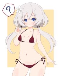 Rule 34 | 1girl, ?, arm at side, assault lily, bare arms, bare shoulders, bikini, blue eyes, blush, border, breasts, collarbone, flower, gluteal fold, grey hair, groin, hair between eyes, hair flower, hair ornament, halterneck, hand up, highres, jewelry, long hair, looking at viewer, low twintails, misaki naoe, navel, outside border, parted lips, raised eyebrows, red bikini, ring, shiozaki suzume, side-tie bikini bottom, simple background, small breasts, solo, speech bubble, spoken question mark, standing, stomach, string bikini, swimsuit, twintails, white border, white flower, yellow background