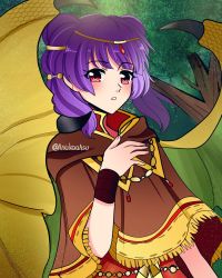 Rule 34 | 1girl, asukaaasuu, bead necklace, beads, blunt bangs, blush, bracelet, brown capelet, brown coat, capelet, circlet, coat, dragon girl, dragon wings, eyelashes, female focus, fire emblem, fire emblem: the sacred stones, fire emblem heroes, foliage, fringe trim, gold trim, green wings, hair ornament, hair tie, hand on own chest, highres, hood, jewelry, long hair, looking at viewer, multi-tied hair, multicolored clothes, multicolored coat, myrrh (fire emblem), necklace, nintendo, official alternate costume, pale skin, parted lips, purple hair, red coat, red eyes, solo, tree, twintails, upper body, wings, wristband, yellow wings