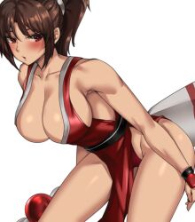 Rule 34 | 1girl, breasts, brown eyes, brown hair, cleavage, fatal fury, female focus, large breasts, pelvic curtain, pizzalover12, ponytail, revealing clothes, shiranui mai, simple background, solo