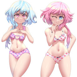Rule 34 | 2girls, ;), absurdres, blue eyes, blue hair, blush, bra, breasts, cjhomics, commentary, cowboy shot, english commentary, finger to eye, finger to own chin, frilled bra, frilled panties, frills, gluteal fold, gradient hair, groin, hand on own hip, hand up, hands on own chest, hands up, heart, heart o-ring, heart print, highres, hip focus, legs apart, lingerie, looking at viewer, medium hair, midriff, multicolored hair, multiple girls, musical note, musical note print, navel, neptune (series), no wings, o-ring, o-ring top, one eye closed, panties, pink bra, pink eyes, pink hair, pink panties, short hair with long locks, siblings, side ponytail, sisters, small breasts, smile, standing, thighs, twins, underwear, underwear only, white bra, white panties, white sister ram, white sister rom