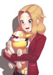 Rule 34 | 1girl, :d, animal, black neckwear, blazer, blonde hair, blue eyes, blush, commentary request, creatures (company), dog, fangs, forehead, game freak, gen 8 pokemon, happy, highres, holding, holding animal, holding dog, jacket, lass (pokemon), long hair, long sleeves, necktie, nintendo, open clothes, open jacket, open mouth, pokemon, pokemon (creature), pokemon swsh, putcher, red jacket, school uniform, shadow, shirt, sidelocks, smile, tongue, tongue out, upper body, white shirt, yamper