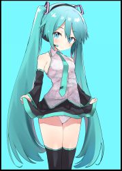 Rule 34 | 1girl, aqua background, aqua eyes, aqua hair, aqua necktie, black border, black skirt, black thighhighs, blush, border, breasts, caburi, clothes lift, commentary request, detached sleeves, grey shirt, hair between eyes, hair ornament, hatsune miku, headphones, headset, highres, lifted by self, long hair, looking at viewer, necktie, panties, shirt, simple background, skirt, skirt lift, sleeveless, sleeveless shirt, small breasts, smile, solo, striped clothes, striped panties, thighhighs, twintails, underwear, very long hair, vocaloid