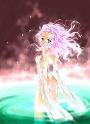 Rule 34 | 00s, 1girl, ass, back, bare shoulders, blue eyes, breasts, cropped legs, detached sleeves, dress, female focus, floating hair, lips, long hair, looking at viewer, looking back, neviril (simoun), nishida asako, partially submerged, pink hair, revealing clothes, see-through, simoun, sleeves past wrists, solo, water, wet, wet clothes, wind
