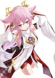 Rule 34 | 1girl, absurdres, blush, cropped legs, genshin impact, hair between eyes, half-closed eyes, highres, japanese clothes, looking at viewer, nontraditional miko, pink hair, purple eyes, shikioriori (siki mim), simple background, smile, solo, white background, wide sleeves, yae miko