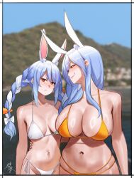 Rule 34 | absurdres, animal ear fluff, animal ears, blue hair, blush, braid, braided ponytail, breast conscious, breast envy, breasts, highres, hololive, large breasts, long hair, looking at another, looking at viewer, mature female, mom and her daughter (meme), multicolored hair, pekomama, rabbit ears, rabbit girl, red eyes, shizuko hideyoshi, short eyebrows, smile, thick eyebrows, usada pekora, virtual youtuber, white hair