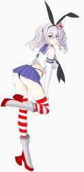 Rule 34 | 1girl, black hairband, black neckerchief, black panties, blue eyes, blue sailor collar, blue skirt, commentary request, cosplay, crop top, elbow gloves, gloves, grey hair, hairband, highleg, highleg panties, highres, kantai collection, kashima (kancolle), leaning forward, microskirt, neckerchief, nitamako (sakamalh), panties, sailor collar, shimakaze (kancolle), shimakaze (kancolle) (cosplay), sidelocks, simple background, skirt, solo, standing, standing on one leg, striped clothes, striped thighhighs, thighhighs, twintails, underwear, wavy hair, white background, white gloves