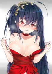 Rule 34 | 1girl, :q, ahoge, artist name, azur lane, bad id, bad pixiv id, bare shoulders, black hair, blush, breasts, choker, closed mouth, collarbone, commentary request, covered erect nipples, cum, cum on body, cum on breasts, cum on upper body, dress, fingernails, goyain, gradient background, grey background, hair between eyes, hands up, head tilt, highres, large breasts, long hair, official alternate costume, one side up, pulling own clothes, red choker, red dress, red eyes, signature, smile, solo, strap pull, taihou (azur lane), taihou (forbidden feast) (azur lane), tongue, tongue out, upper body, very long hair, white background