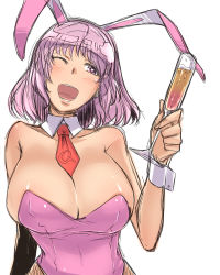 Rule 34 | 1girl, alternate costume, animal ears, bakuya, bare shoulders, blush, breasts, rabbit ears, cleavage, detached collar, drunk, female focus, fishnet pantyhose, fishnets, glass, heart, heart-shaped pupils, highres, holding, large breasts, necktie, one eye closed, open mouth, pantyhose, pink eyes, pink hair, playboy bunny, saigyouji yuyuko, short hair, sketch, smile, solo, symbol-shaped pupils, touhou, wink, wrist cuffs