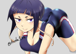 Rule 34 | 1girl, artist name, ass, audio jack, bare shoulders, bent over, blue eyes, blunt bangs, blush, boku no hero academia, breasts, cleavage, collarbone, grey background, jirou kyouka, koda1ra, long earlobes, looking at viewer, medium breasts, one-piece swimsuit, purple hair, school swimsuit, short hair, signature, simple background, smile, solo, swimsuit, thighs