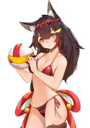 Rule 34 | 1girl, alternate costume, animal ear fluff, animal ears, bad id, bad twitter id, ball, bare shoulders, bell, bikini, black hair, closed mouth, collarbone, eyewear on head, groin, hair ornament, hairclip, highres, holding, holding ball, hololive, long hair, looking at viewer, majocc (dusty051), multicolored hair, navel, ookami mio, side-tie bikini bottom, solo, streaked hair, string bikini, striped bikini, striped bikini bottom, striped bikini top, striped clothes, sunglasses, swimsuit, tail, tail wrap, virtual youtuber, volleyball, volleyball (object), white background, wolf ears, wolf tail, yellow eyes