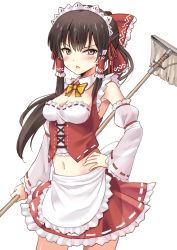 Rule 34 | 1girl, adapted costume, alternate costume, apron, armpits, bare shoulders, black hair, blush, bow, bowtie, breasts, brown eyes, cleavage, commentary request, cowboy shot, cross-laced clothes, detached collar, detached sleeves, enmaided, frown, hair bow, hair tubes, hakurei reimu, hand on own hip, holding, long hair, long sleeves, looking at viewer, maid, maid headdress, medium breasts, mop, navel, ponytail, red bow, red skirt, ribbon-trimmed sleeves, ribbon trim, see-through, shimouki izui, shirt, sidelocks, simple background, skirt, solo, stomach, touhou, v-shaped eyebrows, waist apron, white apron, white background, white shirt, yellow bow, yellow bowtie