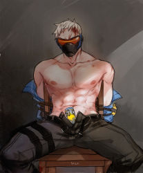 Rule 34 | 1boy, abs, blood, bruise, injury, male focus, mask, muscular, nipples, overwatch, overwatch 1, pectorals, restrained, rope, scar, silver hair, sitting, soldier: 76 (overwatch), solo, somilk, topless male, undressing