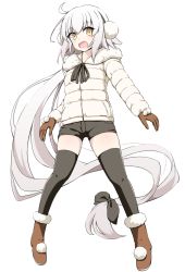 Rule 34 | 1girl, :d, absurdly long hair, black ribbon, black shorts, black thighhighs, blush, boots, brown eyes, brown footwear, brown gloves, commentary request, earmuffs, fate/grand order, fate (series), full body, fur-trimmed boots, fur-trimmed jacket, fur trim, gloves, hair ribbon, jacket, jeanne d&#039;arc (fate), jeanne d&#039;arc alter santa lily (fate), long hair, long sleeves, open mouth, panikuru yuuto, ribbon, short shorts, shorts, simple background, smile, solo, thighhighs, thighhighs under boots, very long hair, white background, white hair, white jacket