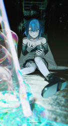 Rule 34 | 1girl, alley, black dress, blue eyes, blue hair, breasts, bubble, cape, detached sleeves, dress, eyebrows hidden by hair, gloves, highres, k00s, looking at viewer, mahou shoujo madoka magica, mahou shoujo madoka magica (anime), medium breasts, miki sayaka, open hands, parted lips, short hair, sitting, solo, strapless, strapless dress, thighhighs, water, white cape, white gloves, white thighhighs