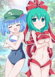 Rule 34 | 2girls, ball, beachball, blue hair, blush, breast rest, breasts, competition school swimsuit, closed eyes, front ponytail, green eyes, green hair, hair ribbon, hat, kagerou (kers), kagiyama hina, kawashiro nitori, looking at viewer, medium breasts, midriff, multiple girls, nature, navel, one-piece swimsuit, open mouth, ribbon, school swimsuit, short hair, smile, swimsuit, touhou, twintails, two side up