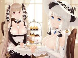 Rule 34 | 2girls, azur lane, black gloves, blonde hair, blue eyes, blunt bangs, breasts, cake, cleavage, cup, dress, elbow gloves, food, formidable (azur lane), fruit, gloves, hair ribbon, hat, highres, huge breasts, illustrious (azur lane), indoors, kep (ahokep), long hair, looking at viewer, maid, multiple girls, open mouth, red eyes, ribbon, silver hair, smile, sun hat, table, tagme, teacup, tiered tray, two-tone ribbon, very long hair, white dress, white gloves, white headwear