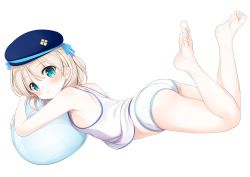 Rule 34 | 1girl, armpits, barefoot, blue eyes, blue hat, feet, full body, hat, leaf1031, lying, on stomach, original, panties, short hair, simple background, singlet, solo, tagme, the pose, thighs, underwear, white background, white hair, white panties