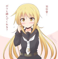 Rule 34 | 1girl, belt, black serafuku, blonde hair, commentary request, crescent, crescent pin, kantai collection, long hair, low twintails, necktie, one-hour drawing challenge, satsuki (kancolle), school uniform, serafuku, shizuna kaede, solo, translated, twintails, two-tone background, white necktie, yellow eyes