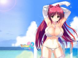 Rule 34 | 1girl, amazuyu tatsuki, arms up, blush, bra, breasts, brown eyes, cleavage, elbow gloves, gloves, kousaka tamaki, large breasts, lingerie, long hair, looking at viewer, mouth hold, red hair, solo, to heart (series), to heart 2, twintails, underwear, white gloves
