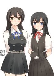 Rule 34 | 2girls, asashio (kancolle), asashio (kancolle) (cosplay), asashio kai ni (kancolle), asashio kai ni (kancolle) (cosplay), black hair, black skirt, black vest, blouse, blue eyes, blue ribbon, breasts, commentary request, cosplay, costume switch, cowboy shot, dress, dress shirt, flat chest, grey eyes, hair ornament, hairclip, highres, kantai collection, long hair, long sleeves, looking at viewer, medium breasts, multiple girls, one-hour drawing challenge, owa (ishtail), oyashio (kancolle), oyashio (kancolle) (cosplay), pinafore dress, pleated skirt, red ribbon, ribbon, shirt, short sleeves, simple background, skirt, sleeveless dress, vest, white background, white shirt