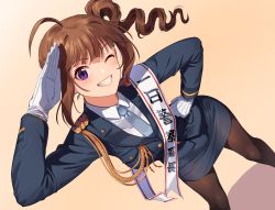 Rule 34 | 1girl, ahoge, black pantyhose, blue necktie, brown hair, buttons, collared shirt, commentary request, drill hair, feet out of frame, gloves, grin, hand on own hip, idolmaster, idolmaster million live!, idolmaster million live! theater days, kamille (vcx68), looking at viewer, medium hair, miniskirt, necktie, one eye closed, orange background, pantyhose, police, police uniform, policewoman, purple eyes, salute, sash, shirt, shoulder sash, skirt, smile, solo, standing, uniform, white gloves, white shirt, yokoyama nao