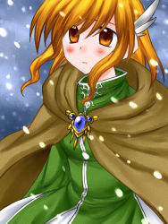 Rule 34 | 1girl, 74, blonde hair, blush, cape, fire emblem, fire emblem: genealogy of the holy war, fire emblem: thracia 776, head wings, jewelry, matching hair/eyes, nanna (fire emblem), nintendo, orange eyes, orange hair, short hair, simple background, snow, snowing, solo, wings