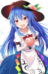 Rule 34 | 1girl, :d, black hat, blue hair, bow, bowtie, commentary request, e.o., food, fruit, hair between eyes, hat, highres, hinanawi tenshi, holding, holding food, holding fruit, long hair, looking at viewer, open mouth, orange eyes, peach, puffy short sleeves, puffy sleeves, red bow, red bowtie, short sleeves, simple background, smile, solo, touhou, white background