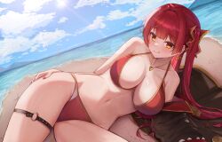 Rule 34 | 1girl, absurdres, beach, bikini, black coat, blue sky, blush, breasts, cleavage, cloud, coat, earrings, gold earrings, gold necklace, hair ribbon, heart, heart earrings, heart necklace, heterochromia, highres, hololive, houshou marine, houshou marine (summer), inkeror, jewelry, large breasts, long hair, looking at viewer, nail polish, necklace, o-ring, o-ring thigh strap, official alternate costume, red bikini, red eyes, red nails, red ribbon, ribbon, sand, sky, smile, solo, swimsuit, thigh strap, tongue, tongue out, twintails, virtual youtuber, water, yellow eyes