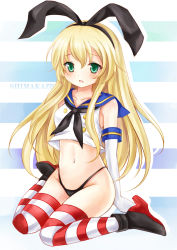 Rule 34 | 10s, 1girl, black panties, blonde hair, blush, character name, crop top, crop top overhang, elbow gloves, gloves, green eyes, hairband, highleg, kantai collection, long hair, midriff, navel, nikoo, no pants, panties, personification, shimakaze (kancolle), sitting, solo, striped clothes, striped thighhighs, thighhighs, underwear, wariza, white gloves