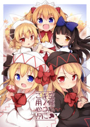 Rule 34 | 5girls, :d, :o, ;), baku-p, black bow, black dress, black hat, blonde hair, blue bow, blue eyes, blush, bow, brown eyes, brown hair, check translation, chestnut mouth, closed mouth, commentary request, cover, cover page, dress, fairy wings, fang, food, hair between eyes, hair bow, hand on another&#039;s head, hat, highres, holding, holding food, holding mushroom, light brown hair, lily black, lily white, long hair, luna child, multiple girls, mushroom, one eye closed, open mouth, parted lips, puffy short sleeves, puffy sleeves, red bow, red eyes, red skirt, shirt, short sleeves, skirt, smile, star sapphire, sunny milk, tiara, touhou, translation request, transparent wings, two side up, very long hair, white dress, white hat, white shirt, wings, yellow neckwear