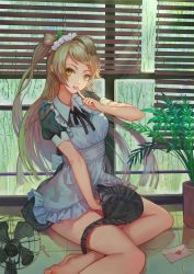 Rule 34 | 10s, 1girl, bare legs, window blinds, brown hair, cat, electric fan, finger to mouth, highres, hoshimawa, key, letter, long hair, looking at viewer, love letter, love live!, love live! school idol festival, love live! school idol project, maid, minami kotori, plant, potted plant, sitting, solo, yellow eyes, yokozuwari