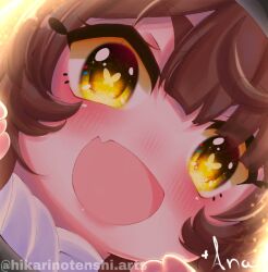 1girl :d artist_name blush brown_hair butterfly-shaped_pupils chibi commentary english_commentary fang highres hikarinotenshi.arts instagram_username no_nose open_mouth original seri_(hikarinotenshi.arts) signature skin_fang smile solo symbol-shaped_pupils thick_eyelashes yellow_eyes