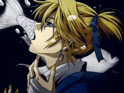 Rule 34 | 1boy, black background, blonde hair, earrings, fish, from side, half-closed eyes, highres, jewelry, kagamine len, nail polish, naoto (sandersoniahirahira), piapro, portrait, short hair, solo, song request, vocaloid, yellow nails