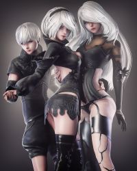 Rule 34 | 1boy, 2girls, absurdres, android, ass, asymmetrical docking, breast press, breasts, cleavage, hairband, highres, holding hands, joints, long hair, looking at viewer, multiple girls, nier (series), nier:automata, nier reincarnation, official alternate costume, panties, ria-neearts, robot joints, short hair, shorts, silver hair, underwear, 2b (nier:automata), 9s (nier:automata), a2 (nier:automata)