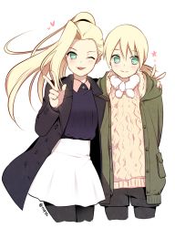 Rule 34 | 1boy, 1girl, ;p, alternate costume, androgynous, aqua eyes, aran sweater, bad id, bad pixiv id, black pantyhose, black shorts, blonde hair, boruto: naruto the movie, cable knit, casual, closed mouth, coat, cropped legs, double v, eyebrows, fur trim, hair between eyes, heart, hood, hooded jacket, jacket, long hair, long sleeves, low ponytail, mother and son, naruto, naruto (series), nipye, one eye closed, open clothes, open coat, pantyhose, ponytail, shorts, simple background, skirt, smile, sweater, time paradox, tongue, tongue out, twitter username, v, white background, white skirt, yamanaka ino, yamanaka inojin