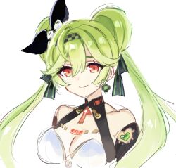 1girl ai_hyperion_lambda bare_shoulders black_ribbon breasts cleavage closed_mouth commentary earrings green_hair hair_between_eyes hair_ribbon halterneck honkai_(series) honkai_impact_3rd jewelry large_breasts long_hair looking_at_viewer macaroni_0101 portrait red_eyes ribbon simple_background smile solo twintails white_background