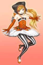 Rule 34 | 1girl, akita neru, bare shoulders, blonde hair, cat food (vocaloid), detached sleeves, eyeball, hat, long hair, magu (mugsfc), open mouth, pantyhose, patterned legwear, pom pom (clothes), red eyes, side ponytail, skirt, sleeves past wrists, solo, striped clothes, striped pantyhose, vertical-striped clothes, vertical-striped pantyhose, vocaloid