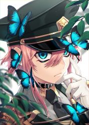 Rule 34 | 1boy, 1girl, absurdres, blue eyes, bug, butterfly, coat, eyebrows hidden by hair, gloves, hair between eyes, hat, highres, insect, leaf, looking at viewer, military, military hat, military uniform, necktie, original, pink hair, short hair, solo, tatsuma daisuke, uniform, upper body