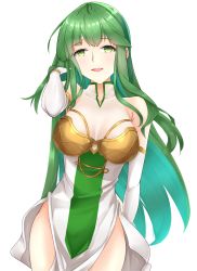 Rule 34 | 1girl, breasts, chuu (rinet), elbow gloves, fire emblem, fire emblem: mystery of the emblem, fire emblem heroes, gloves, green eyes, green hair, hand in own hair, headband, highres, long hair, looking at viewer, nintendo, open mouth, palla (fire emblem), solo, white background, white gloves, white headband