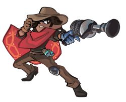Rule 34 | 1boy, blue gloves, brown eyes, brown gloves, brown hair, cape, cassidy (overwatch), cassidy (overwatch) (cosplay), commentary, cosplay, costume, cowboy hat, funkgamut, gloves, gun, handgun, hat, holding, holding weapon, inkling player character, knee pads, male focus, mccree (overwatch) (cosplay), nintendo, overwatch, overwatch 1, pointy ears, red cape, simple background, solo, splatoon (series), splatoon 1, tentacle hair, weapon, white background