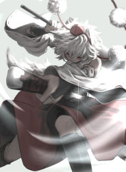 Rule 34 | 1girl, animal ears, arm up, backlighting, bare shoulders, black skirt, bridal gauntlets, closed mouth, detached sleeves, dual wielding, fighting stance, floating hair, foreshortening, hair between eyes, hat, highres, holding, holding sword, holding weapon, inubashiri momiji, long skirt, looking at viewer, medium hair, motion blur, multicolored clothes, multicolored skirt, outstretched arm, over shoulder, pom pom (clothes), red eyes, red skirt, ribbon-trimmed sleeves, ribbon trim, rion (glayjirobass), serious, sheath, skirt, solo, standing, sword, sword over shoulder, tail, tokin hat, touhou, unsheathing, v-shaped eyebrows, weapon, weapon over shoulder, white hair, wide sleeves, wolf ears, wolf tail
