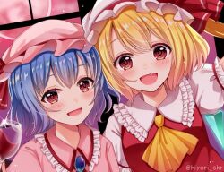 Rule 34 | 2girls, ascot, blonde hair, blue hair, blush, collared shirt, cup, dot nose, drinking glass, dutch angle, fang, flandre scarlet, frilled sleeves, frills, glass, hat, hat ribbon, jewelry, looking at viewer, mary janes, mob cap, multiple girls, open mouth, puffy short sleeves, puffy sleeves, purple hair, red eyes, red ribbon, remilia scarlet, ribbon, sakura hiyori, shirt, shoes, short hair, short sleeves, smile, touhou, twitter username, upper body, white mob cap, wine glass, yellow ascot